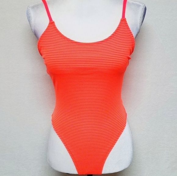 VINTAGE 90s Splash Neon Pink Orange Strappy Back High Rise Swimsuit Medium - Picture 3 of 12